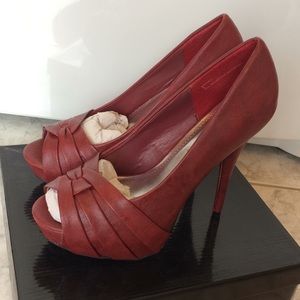 JustFab Medea Red Leather Look Peeptoe Heels